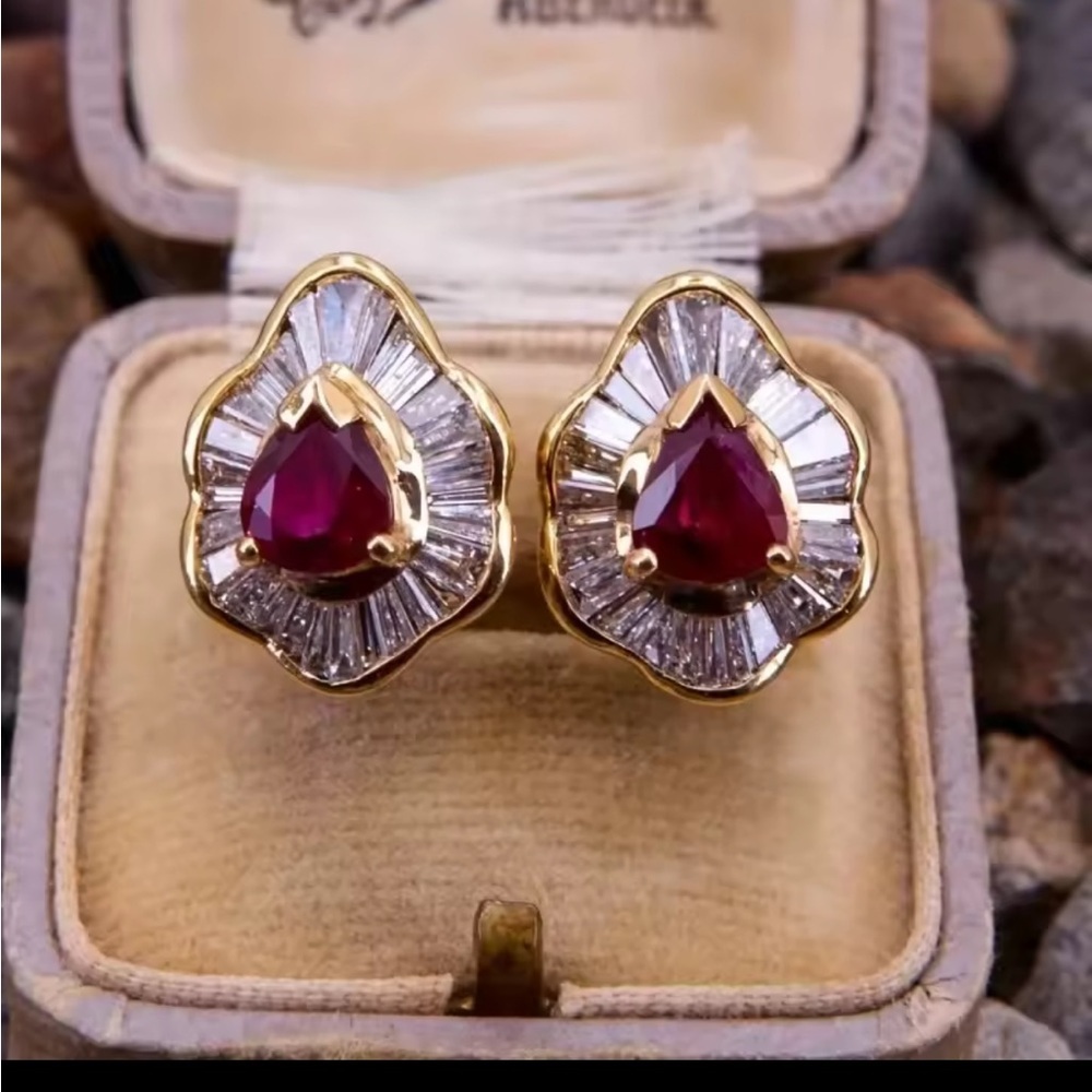 Vintage 18K Gold color and Red Gemstone Earrings